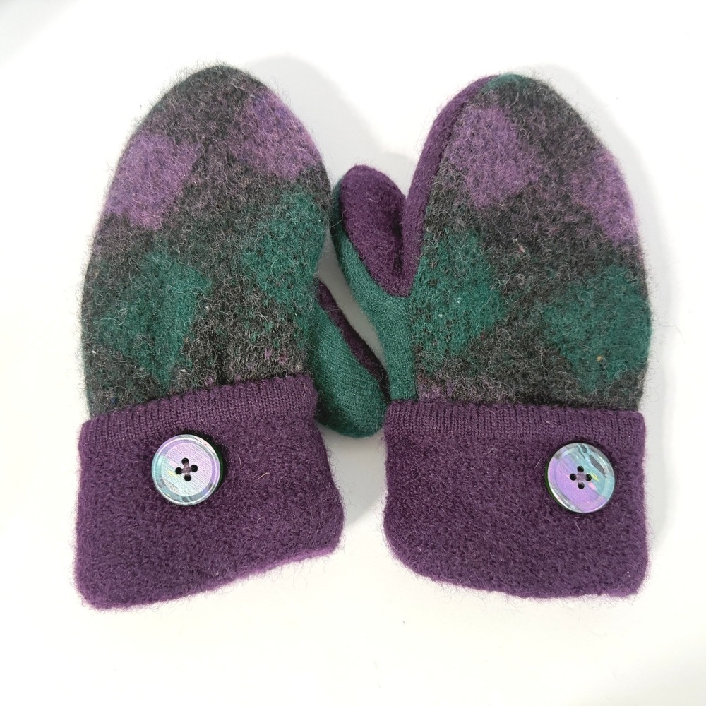 Handmade Upcycled Wool Mittens Purple Green Argyle Felted Sweater Mittens Women